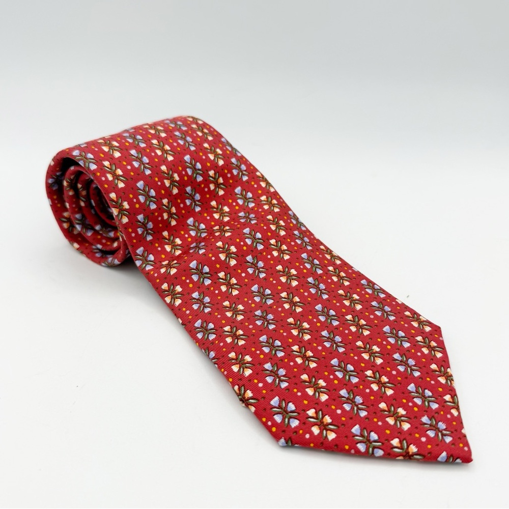 Hermes 7798 FA Cherry Red Pasel Floral Bunches 100% Silk Tie Made in France